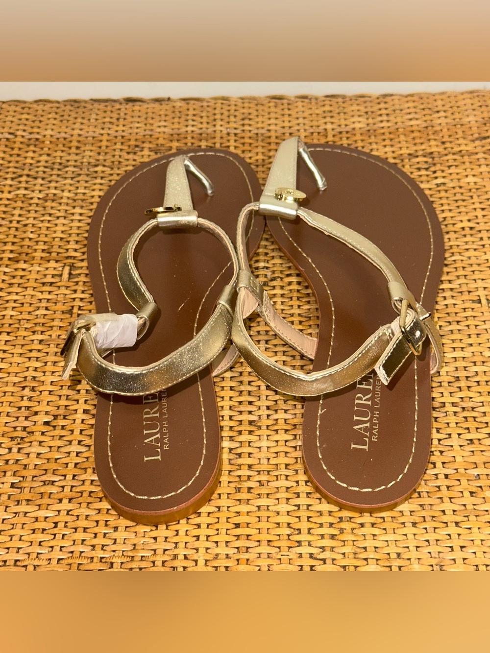 Lauren Ralph Lauren Thong Leather Sandals Womens Size 8 Gold Hardware Bohemian - Picture 6 of 10